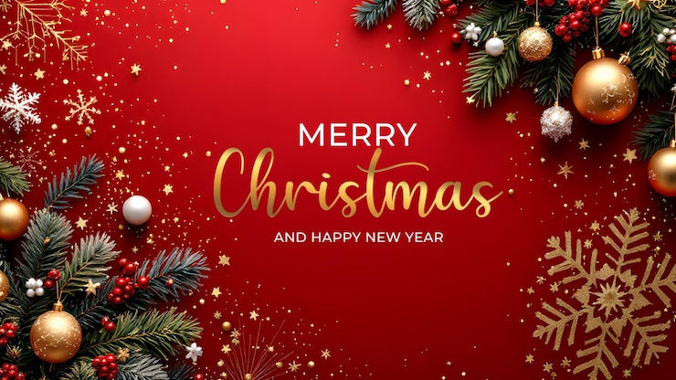PSD modèle de bannière de noël joyeux avec un sapin de noël et une balle colorée sur un fond rouge foncé