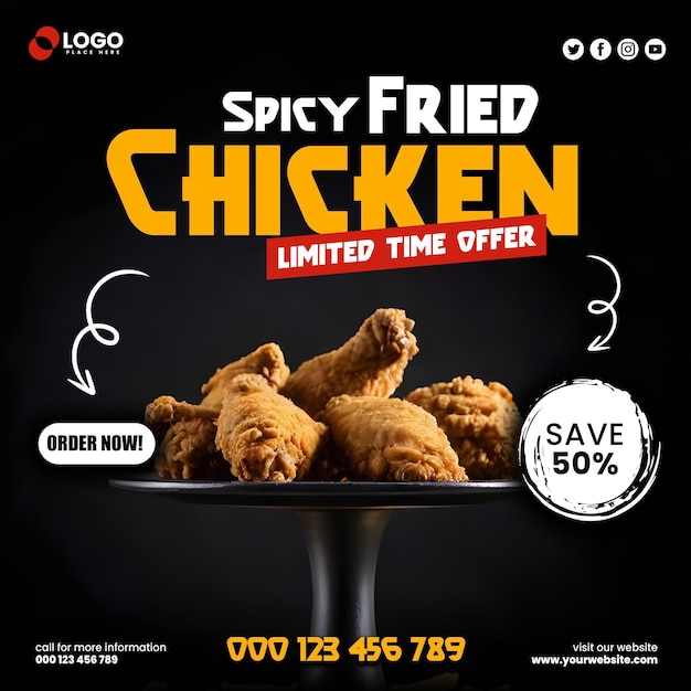 Modèle de bannière de promotion du menu Fried Chicken Delight sur les réseaux sociaux