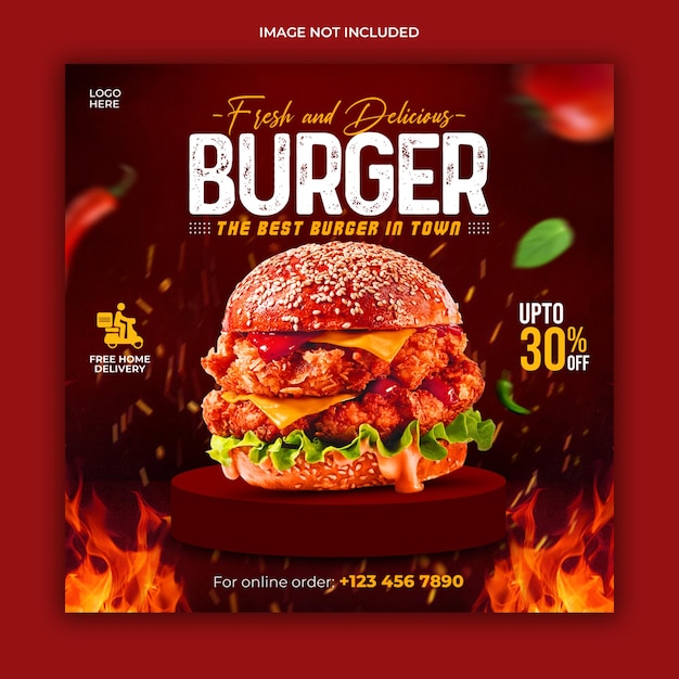 Modèle de bannière de promotion des médias sociaux délicieux burger et menu alimentaire