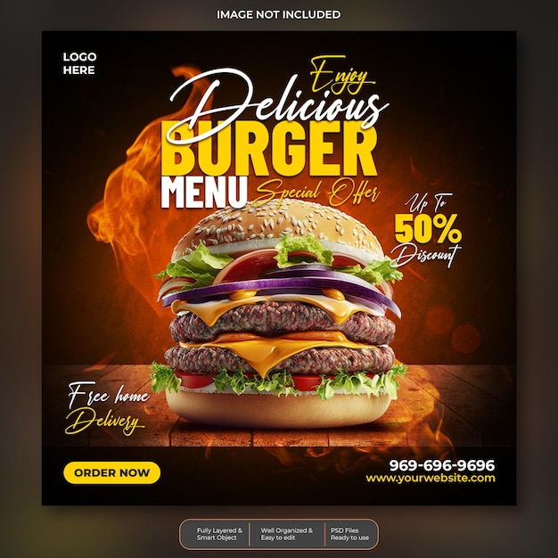 Modèle de bannière de promotion des médias sociaux délicieux burger et menu alimentaire