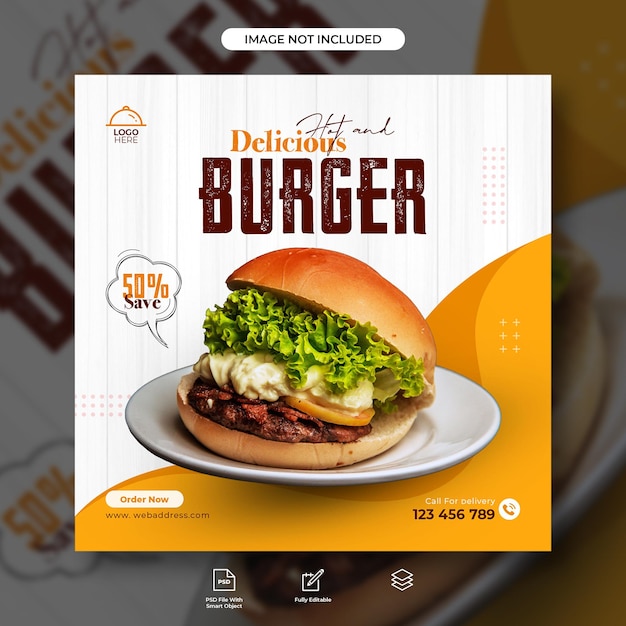 Modèle De Bannière De Publication Sur Les Médias Sociaux Pour La Promotion D'un Délicieux Burger Et D'un Menu Alimentaire