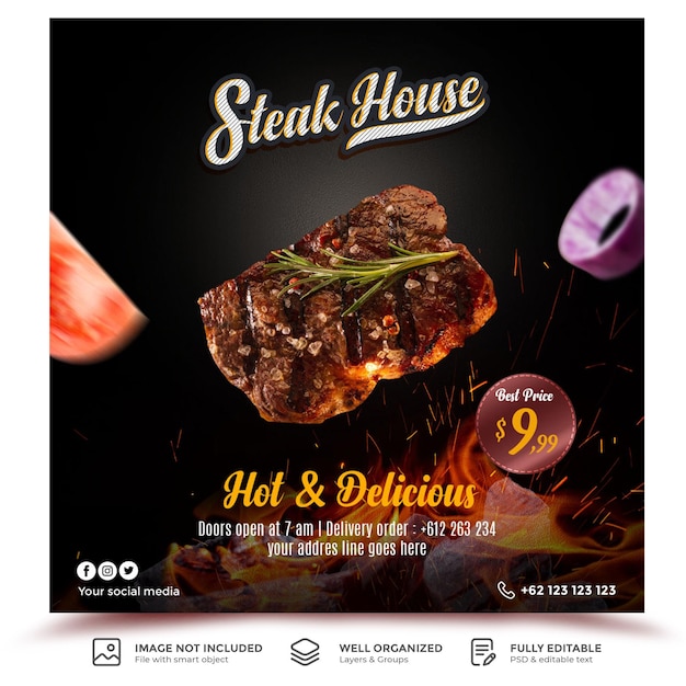 Modèle De Bannière De Publication De Médias Sociaux De Promotion De Restaurant De Menu De Meilleur Prix De Steak House