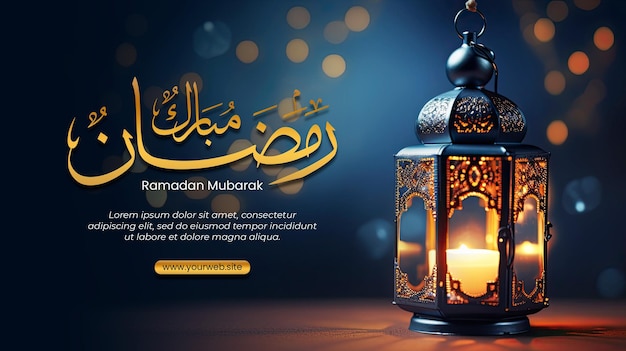 Modèle De Bannière Ramadan Mubarak Avec Lanterne Arabe Avec Bougie Allumée Lumineuse Sur Le Ciel Nocturne