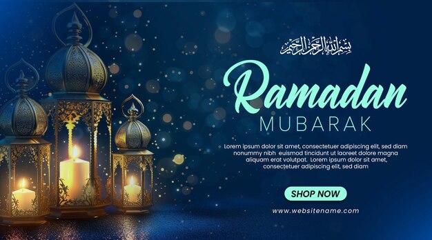 PSD modèle de bannière de ramadan mubarak avec lanterne et bokeh sur un fond bleu foncé