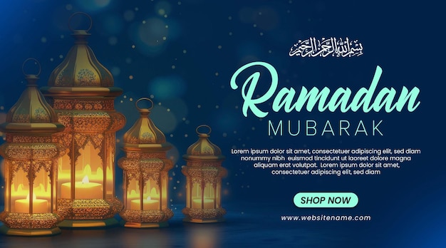 PSD modèle de bannière de ramadan mubarak avec lanterne et bokeh sur un fond bleu foncé