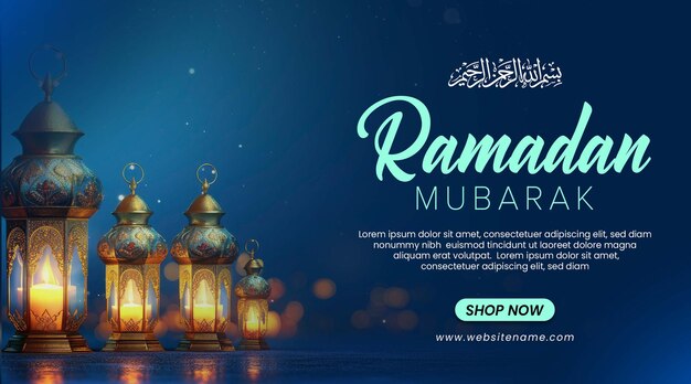 Modèle De Bannière De Ramadan Mubarak Avec Lanterne Et Bokeh Sur Un Fond Bleu Foncé