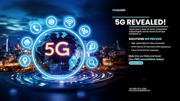 PSD modèle de bannière de tours 5g avec une icône de globe avec des connexions de réseau 5g numériques et des icônes représentant la vitesse d'internet