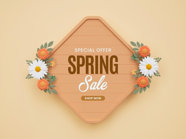 Modèle de bannière de vente florale de printemps avec planche de bois