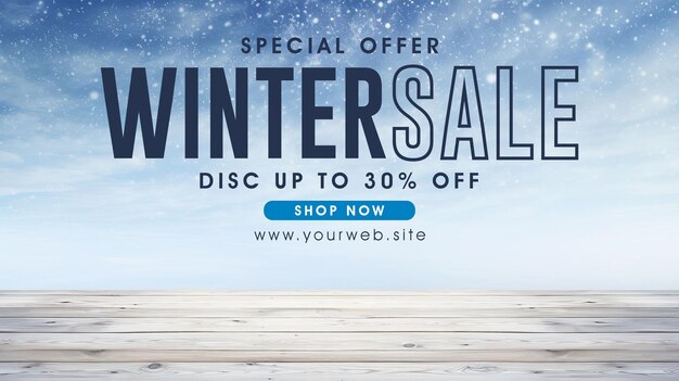 PSD modèle de bannière de vente d'hiver avec table d'hiver planche enneigée avec chute de neige dans le ciel froid