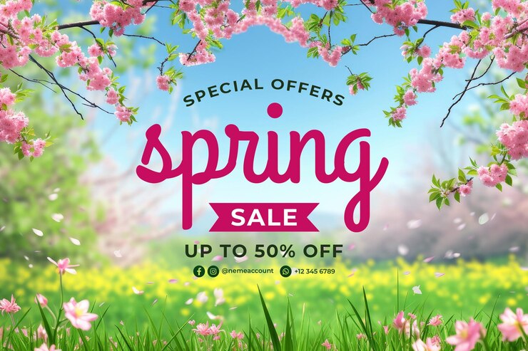PSD modèle de bannière de vente de printemps avec un fond de fleurs et d'herbe au printemps