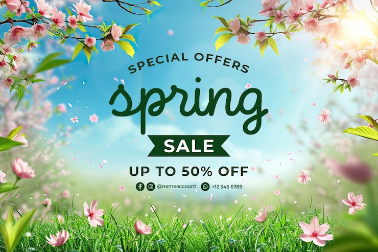 PSD modèle de bannière de vente de printemps avec un fond de fleurs et d'herbe au printemps