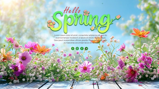 PSD modèle de bannière de vente de printemps psd sur la table de printemps avec des fleurs en fleurs belle nature.