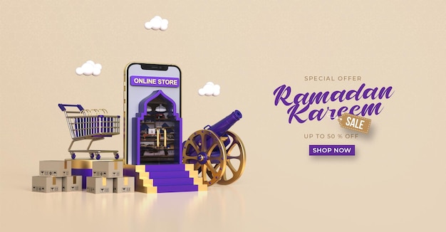 Modèle De Bannière De Vente Ramadan Kareem Avec Achats En Ligne 3d Sur Les Applications Mobiles