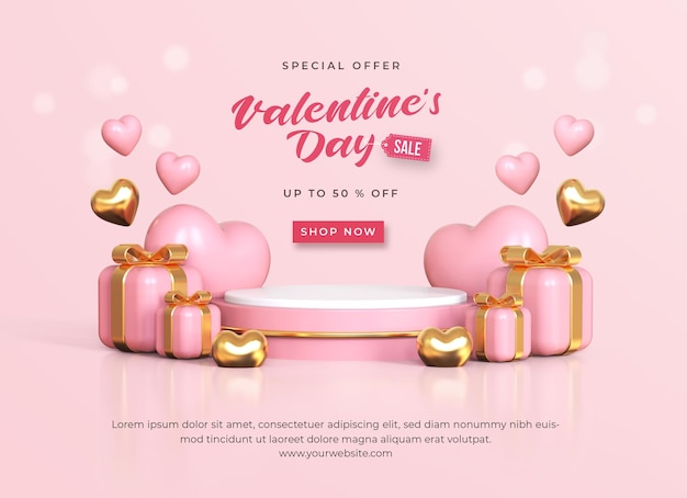 Modèle De Bannière De Vente De La Saint-valentin Avec Des Décorations Romantiques De La Saint-valentin En 3d