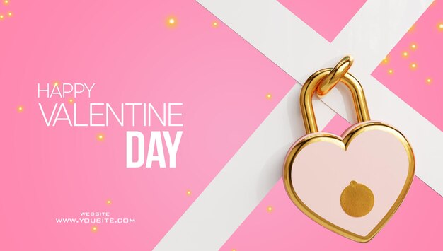 modèle de bannière de vente de saint valentin réaliste rendu 3d serrure en or coeur