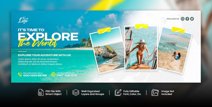 PSD modèle de bannière web de couverture facebook pour les médias sociaux de voyage et de tourisme