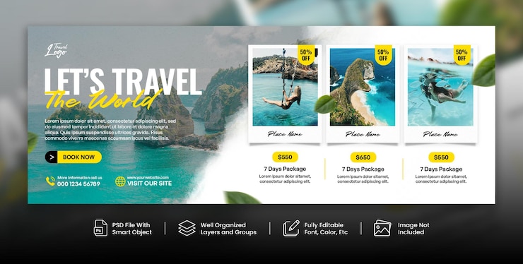 PSD modèle de bannière web de couverture facebook pour les médias sociaux de voyage et de tourisme