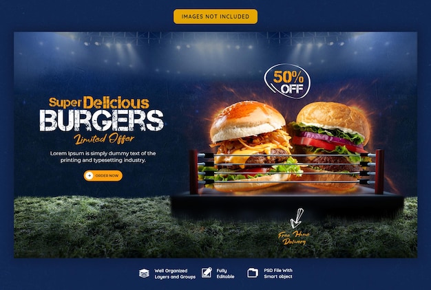 PSD modèle de bannière web délicieux burger et menu alimentaire