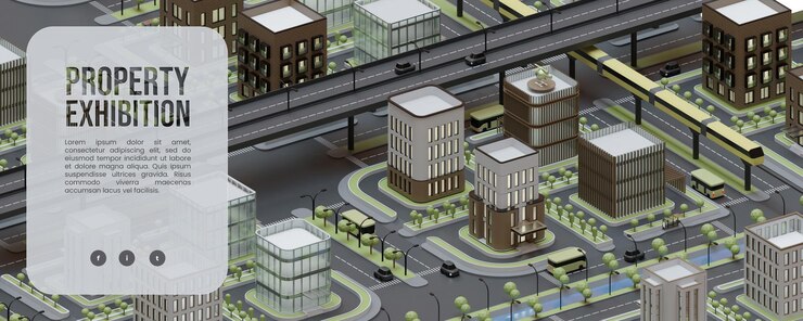 PSD modèle de bannière web avec illustration de ville isométrique 3d