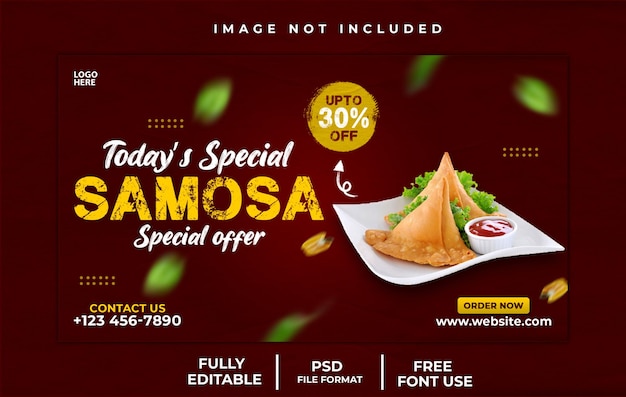 PSD modèle de bannière web de menu délicieux de samosas et de nourriture