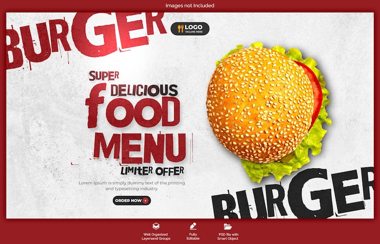 PSD modèle de bannière web de menu de hamburgers et de nourriture délicieux psd