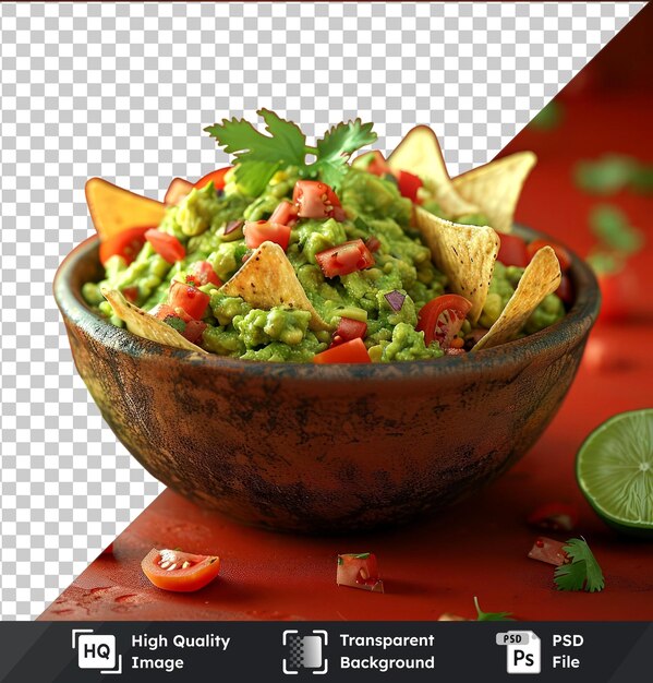 PSD modèle de bol de guacamole transparent sur table rouge avec des ingrédients de nachos, de tomates et de feuilles