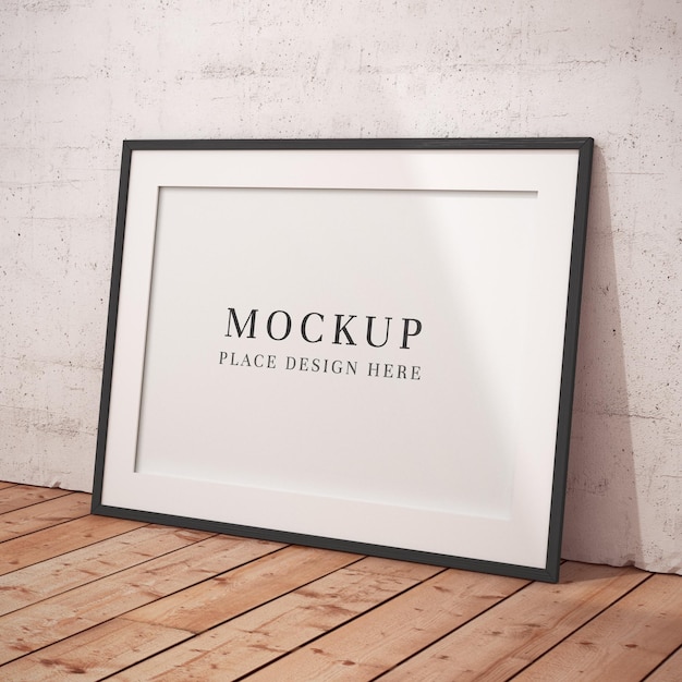 Modèle de cadre d'affiche horizontal sur sol en bois avec mur en béton