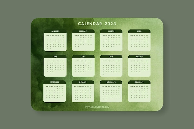 PSD modèle de calendrier vert chartreuse aquarelle 2023 en anglais