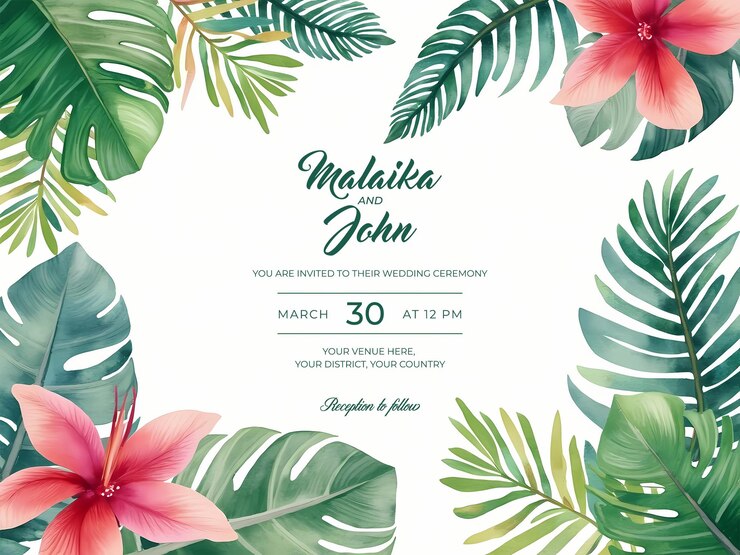 PSD modèle de carte d'invitation de mariage à l'aquarelle tropicale à feuilles