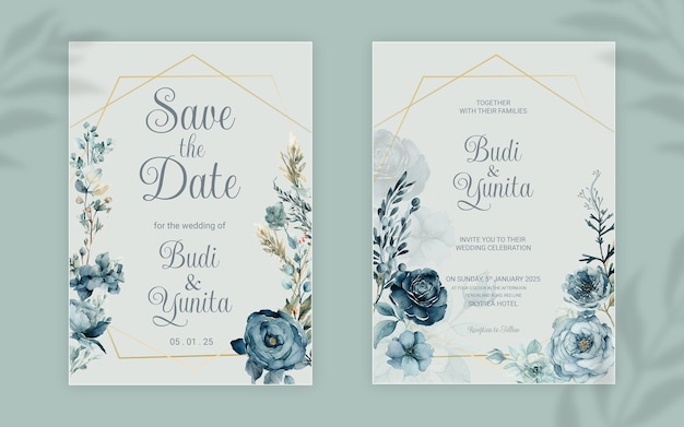 PSD modèle de carte d'invitation de mariage avec un bel ornement de fleurs et de feuilles