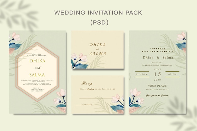 PSD modèle de carte d'invitation de mariage belle couronne florale psd