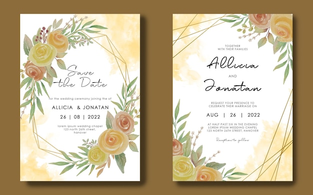 Modèle De Carte D'invitation De Mariage Avec Cadre Géométrique Et Bouquet De Fleurs Aquarelle