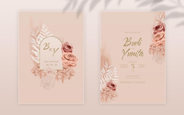 Modèle de carte d'invitation de mariage double face PSD avec des feuilles de roses roses et dorées