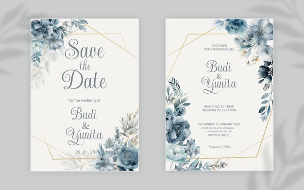PSD modèle de carte d'invitation de mariage double face psd avec des roses bleues poussiéreuses aquarelles élégantes