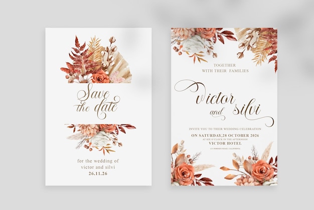 PSD modèle de carte d'invitation de mariage élégant aquarelle et floral séché