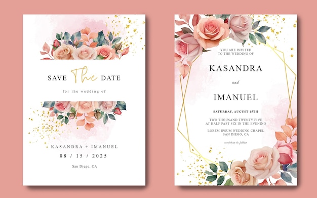 PSD modèle de carte d'invitation de mariage avec des fleurs aquarelles roses fleurs roses dessinées à la main