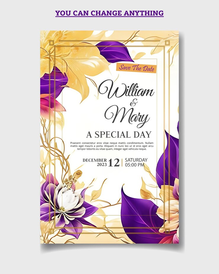 Modèle de carte d'invitation de mariage floral coloré PSD A4 taille 8K qualité HD