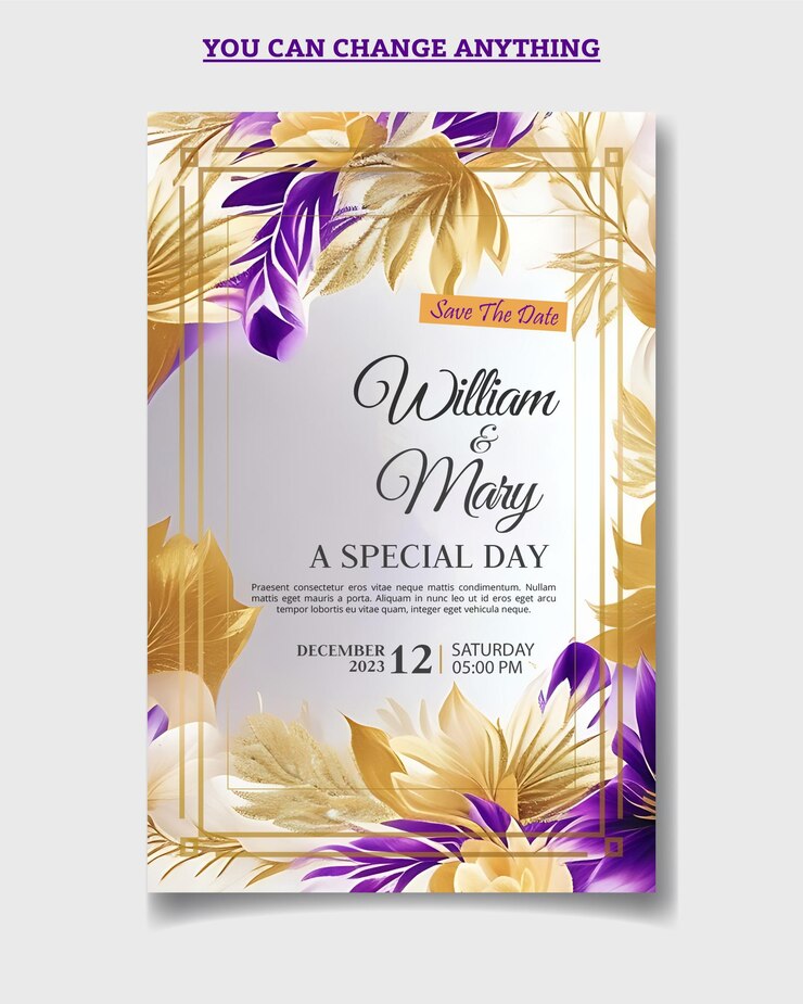 Modèle de carte d'invitation de mariage floral coloré PSD A4 taille 8K qualité HD