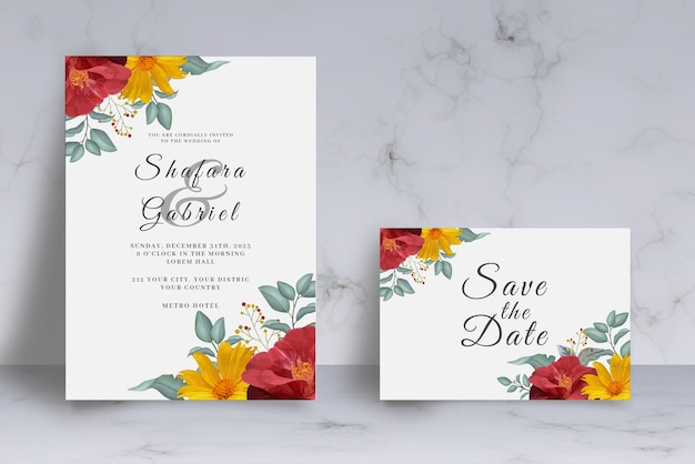 Modèle de carte d'invitation de mariage floral PSD
