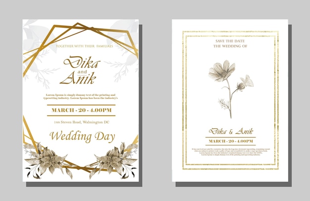 PSD modèle de carte d'invitation de mariage serti de couronne de bouquet de roses blanches laisser aquarelle psd