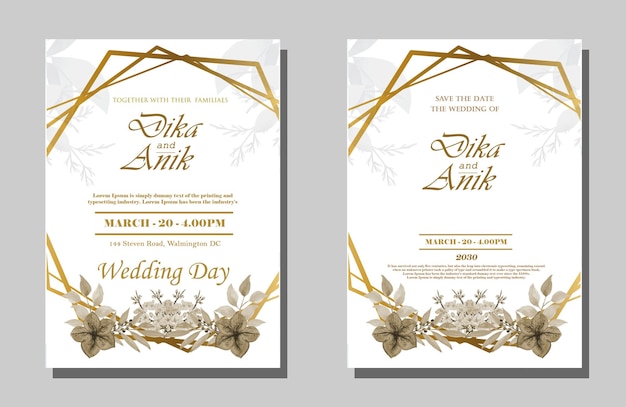 modèle de carte d'invitation de mariage serti de couronne de bouquet de roses blanches laisser aquarelle psd
