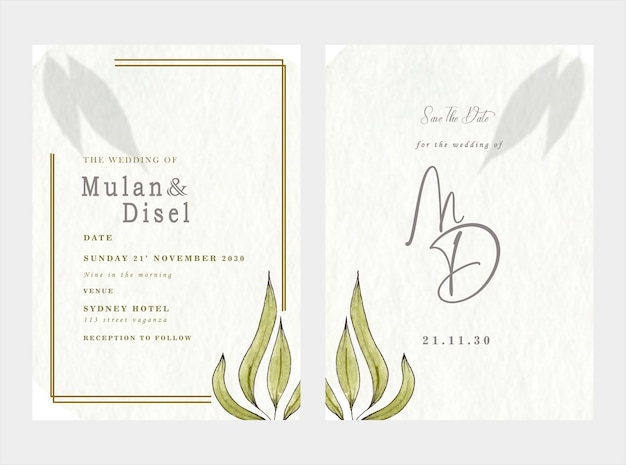 PSD modèle de carte d'invitation de mariage serti de couronne de bouquet de roses blanches laisser aquarelle psd