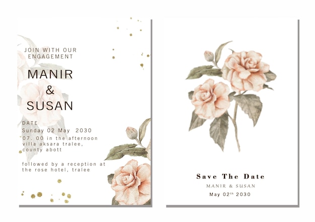 PSD modèle de carte d'invitation de mariage serti de couronne de bouquet de roses blanches laisser aquarelle psd