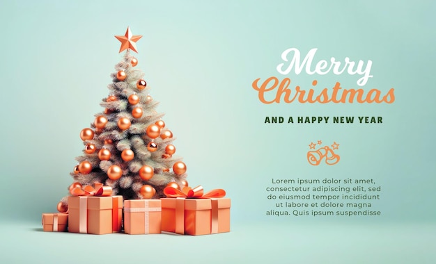PSD modèle de carte de vœux de joyeux noël avec des cadeaux sous l'arbre sur fond vert et espace de copie