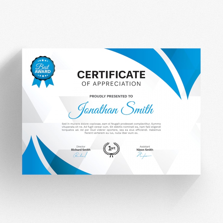 PSD modèle de certificat moderne avec détails bleus