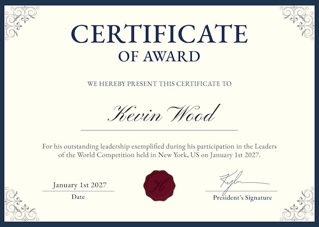 modèle de certificat de récompense vintage professionnel psd en beige et bleu