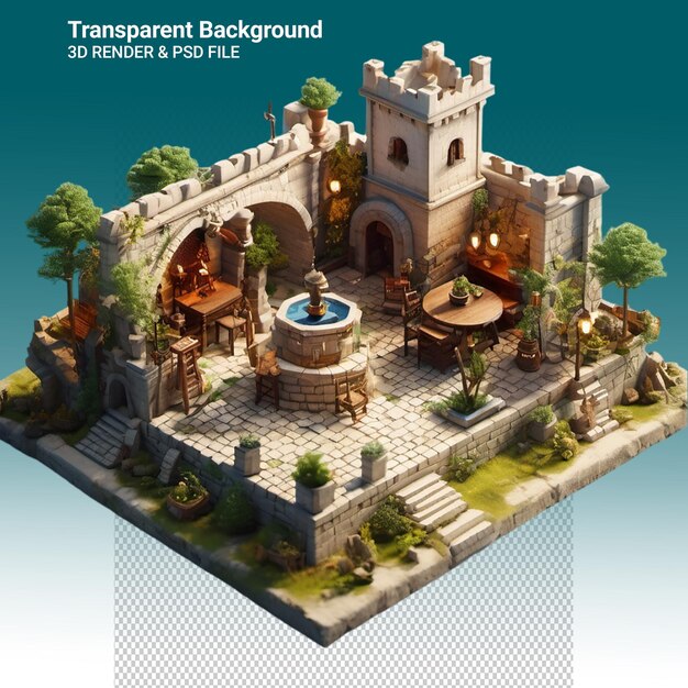 PSD un modèle d'un château avec une fontaine et une horloge