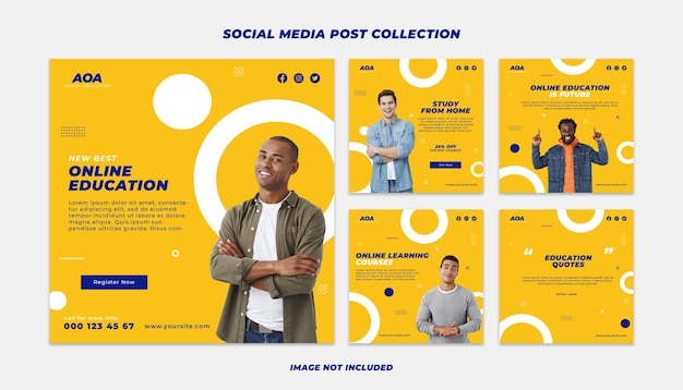 PSD modèle de collection de publications instagram d'éducation en ligne, pack de bannières instagram psd jaune bleu foncé