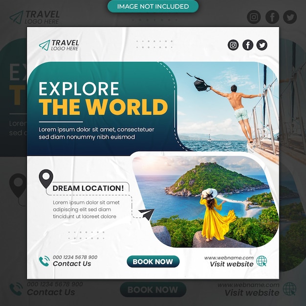 PSD modèle de conception de bannière web de flyer carré de voyage sur les médias sociaux ou de vacances de vacances