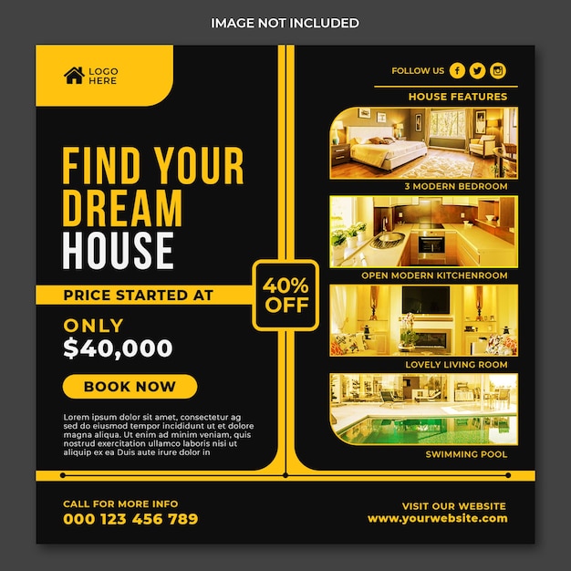 Modèle de conception de bannière web instagram de publication de médias sociaux de maison immobilière